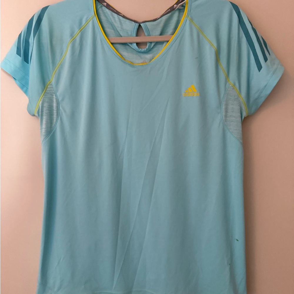 Adidas Women's Sky Blue Tee with Yellow Accents